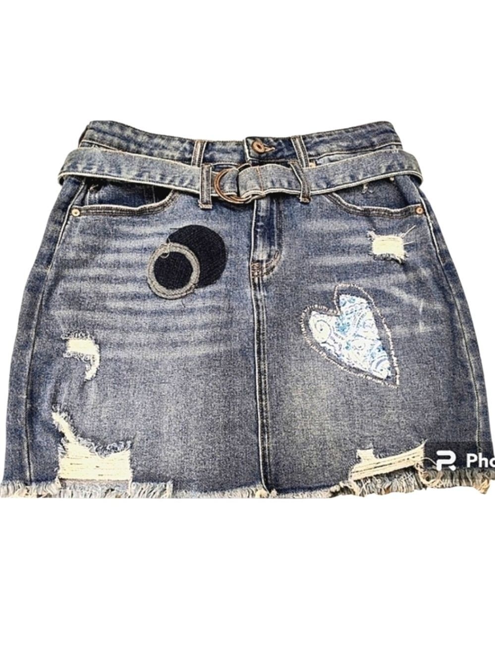 REPURPOSED Maurice's Patchwork Distressed Blue Denim Mini Skirt Size 27